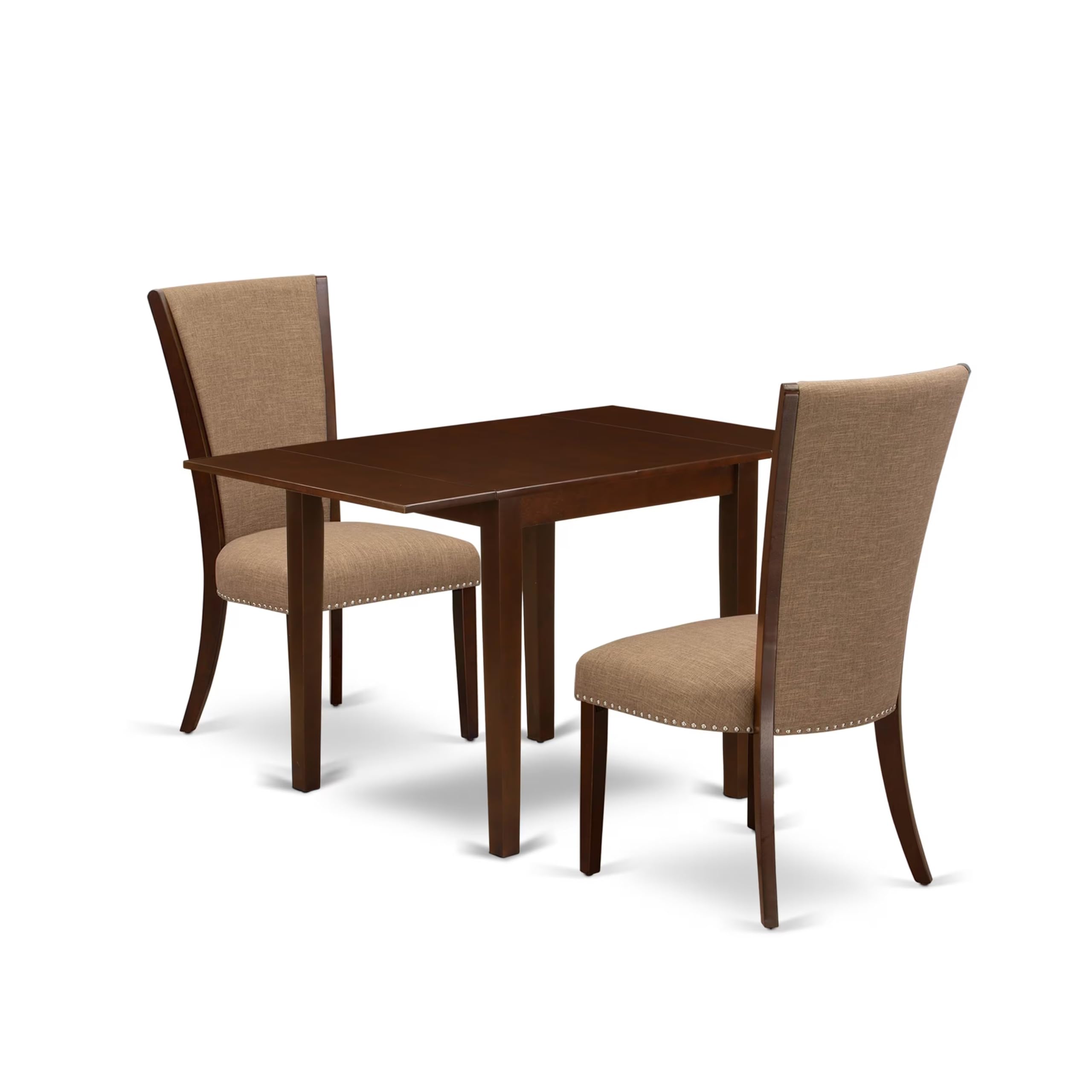 East West Furniture Ndve3-Mah-47 3 Piece Modern Dining Table Set Contains A Rectangle Wooden Table With Dropleaf And 2 Light Sable Linen Fabric Upholstered Chairs, 30X48 Inch, Mahogany